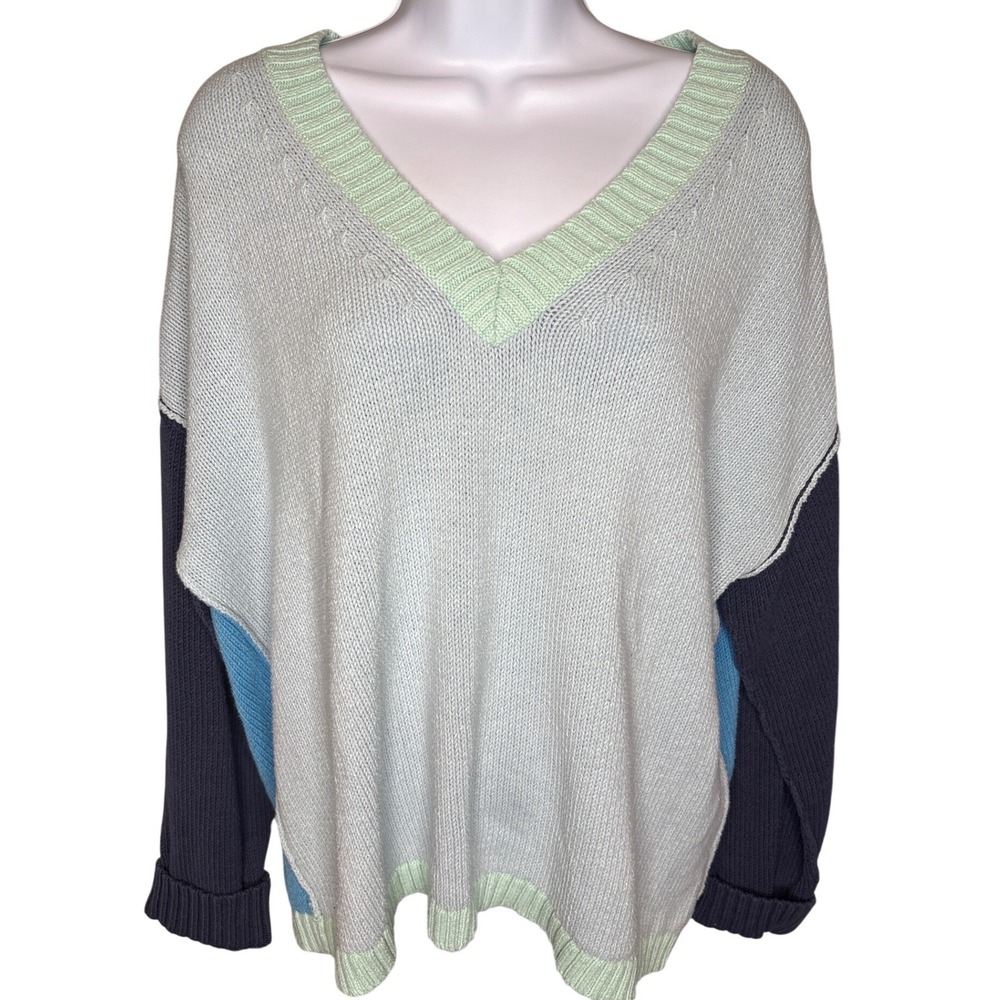 Lisa Todd Womens Blue Colorblock Oversized V-Neck Sweater XL Preppy‎ Casual Knit